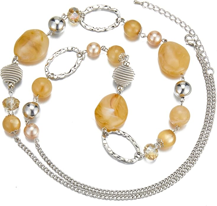 BULINLIN Beaded Long Necklace for Women Silver Sweater Chain Necklace with Crystal Resin Beads, Fashion Jewelry Necklace
