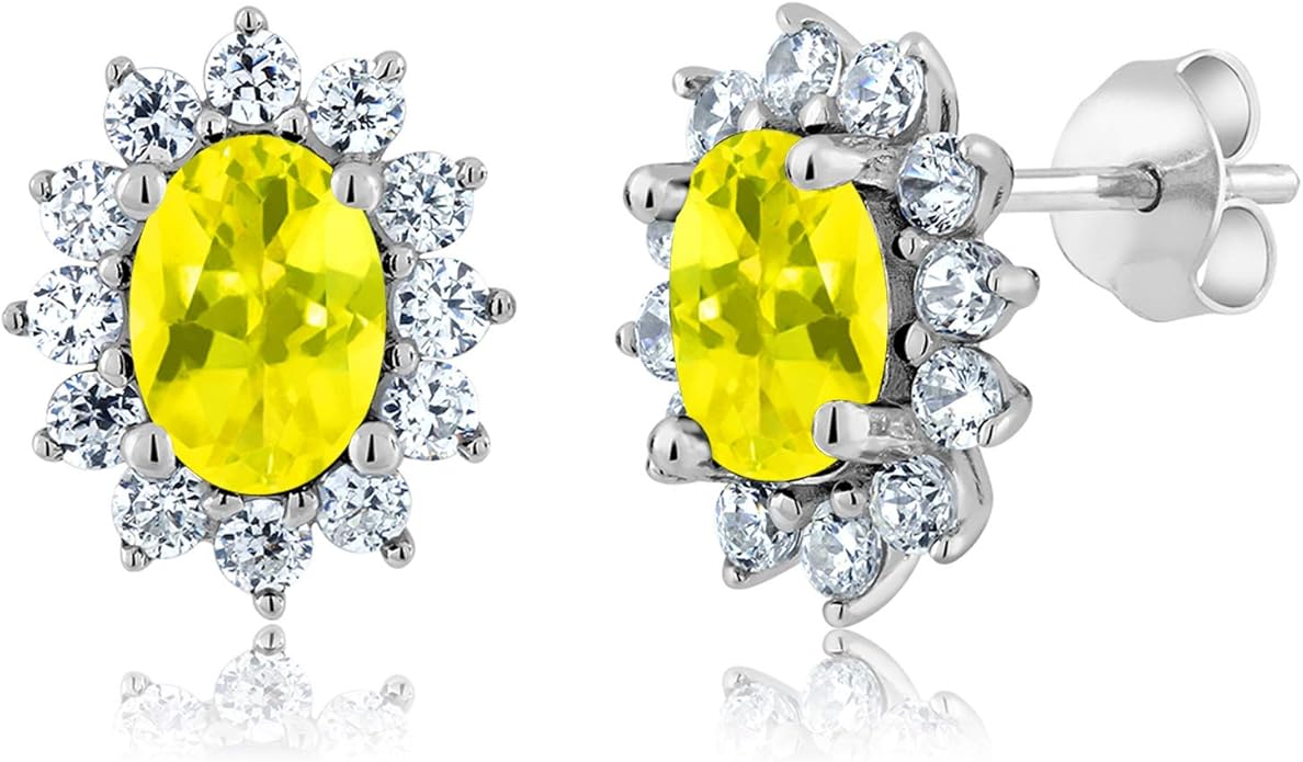 Gem Stone King 7X5MM Oval Gemstone Birthstone Stud Earrings For Women | Princess Diana Royal Halo Style | 925 Sterling Silver | Fine Jewelry Gifts for Anniversary Wedding Her Mom Women Wife