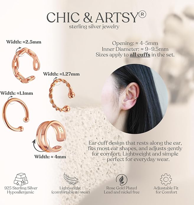 CHIC & ARTSY 925 Sterling Silver Ear Cuffs for Women, Non Piercing Clip On Cartilage Cuffs, Adjustable Fake Conch & Helix Earrings, Gold Plated & Oxidized Various Styles