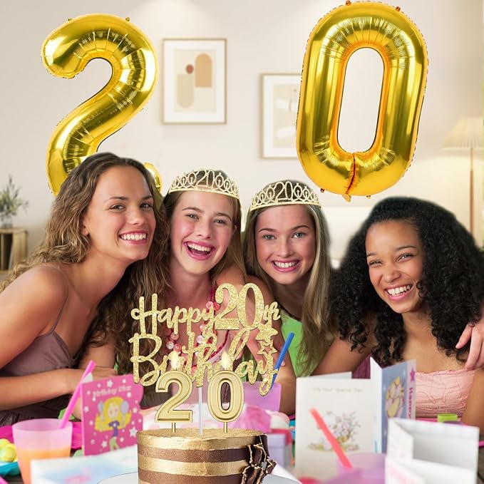 20th Birthday Decorations for Women Gold with 20th Birthday Tiara and Sash, Cake Topper and Candles, Number Balloons, 20 Year Old Gifts for Women