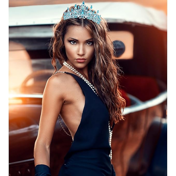 Velscrun Blue Crystal Birthday Queen Tiara Crown for Women Girls Birthday Queen Headband Sash Elegant Princess Crown with Combs Hair Accessories Happy Birth Party Decorations Mom Birth Gift