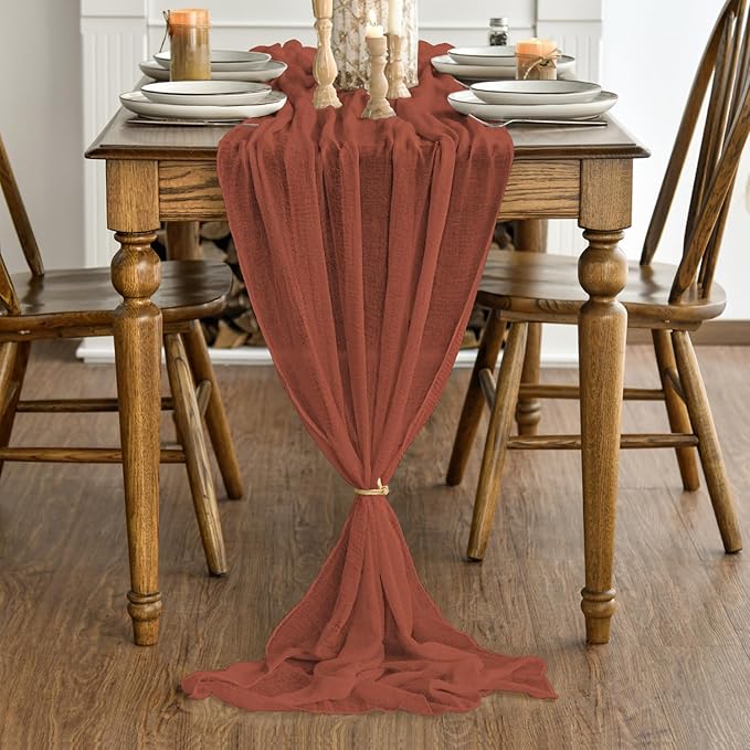Artoid Mode Boho Cheesecloth Gauze Terracotta Wedding Table Runner, 120 Inch Seasonal Fall Thanksgiving Fabric Kitchen Dining Holiday Table Decor for Home Party Indoor