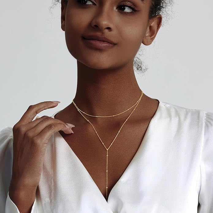 Gold Necklace for Women Trendy Lariat Y Necklace Dainty 14k Gold Plated/Silver Long Necklaces for Women Layered Beaded Drop Necklaces Simple Y-Shaped Chain Jewelry Gifts