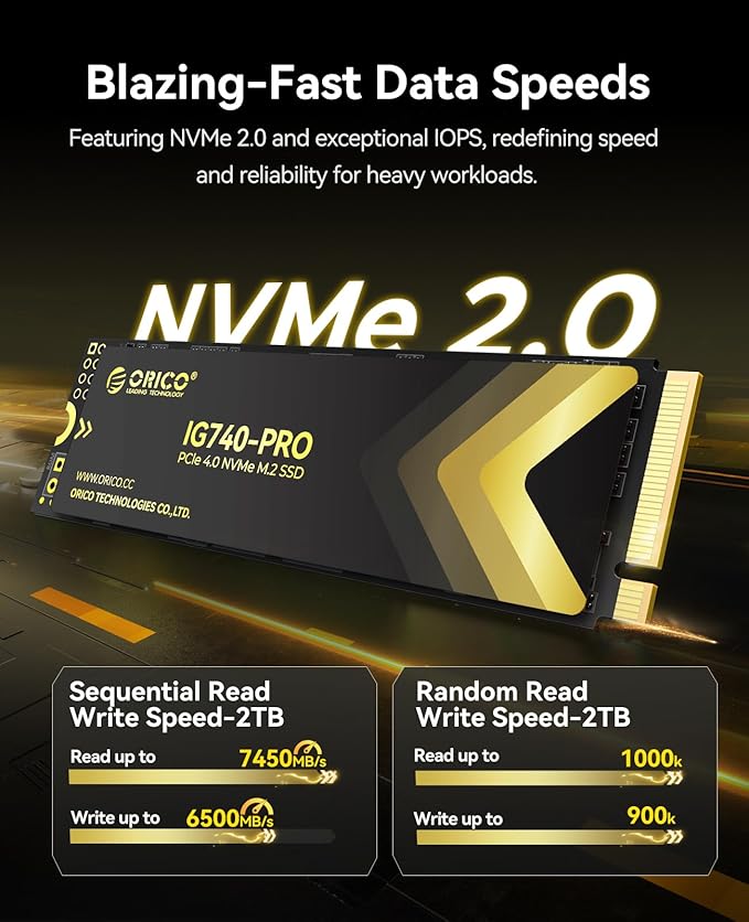 ORICO Industrial SSD 2TB M.2 NVMe SSD, PCIe 4.0 Drive with 7450MB/s Read Speed, TLC NAND, Advanced Data Security and Innovative Heatsink, for Industrial PC, Personal Laptop and PS5 - IG740PRO