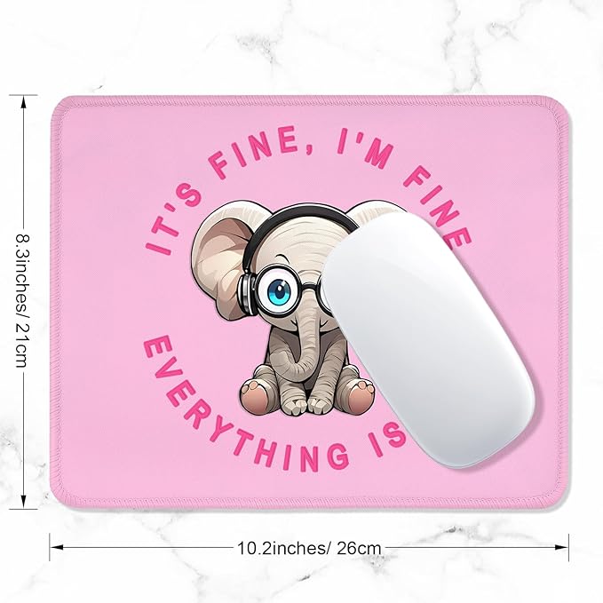 ITNRSIIET Mouse Pad with Stitched Edge Premium Textured Smooth Precise Operation Waterproof Washable Non-Slip Rubber Base Desktop Protection Mat, 10.2×8.3×0.12 inches, Pink Pretty Elephant