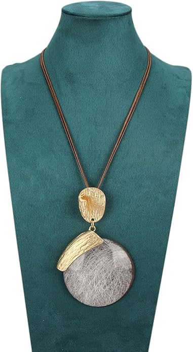 Boho Leather Necklace Women Bohemian Brown Circle Pendant Necklace Choker Long Necklaces for Women Boho Ring Large Pendant