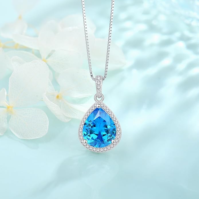 FJ Teardrop Pendant Necklace 925 Sterling Silver Birthstone Jewelry Gifts for Women