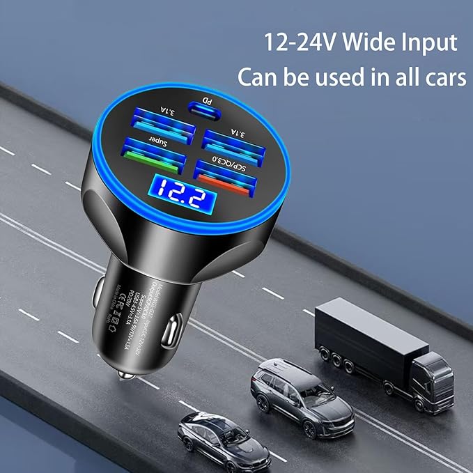 Multi Port USB C Car Phone Charger with Voltage Display Real PD 30W Super Fast Cigarette Lighter USB-C Charger Adapter for MacBook iPhone 16/15/14/13/12 Galaxy Android Phones