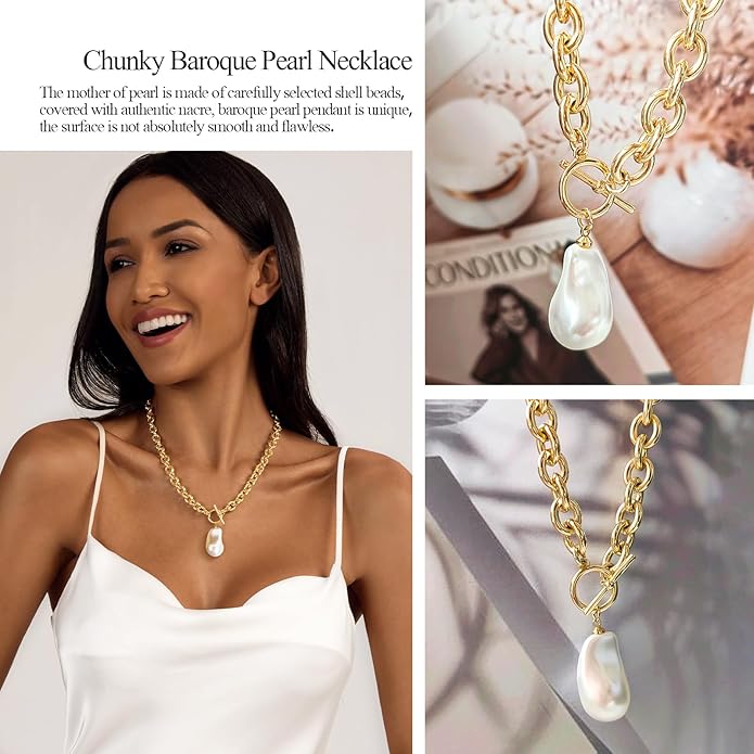 Zeffy 14K Gold/Silver Plated Chunky Thick Chain Toggle Clasp Necklace Dainty Baroque Pearl/Heart/Cross/Turquoise Pendant Necklace