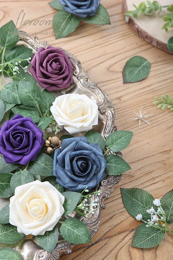 Floroom Artificial Flowers 50pcs Real Looking Dark Purple Foam Fake Roses with Stems for DIY Wedding Bouquets Bridal Shower Centerpieces Floral Arrangements Party Tables Home Decorations