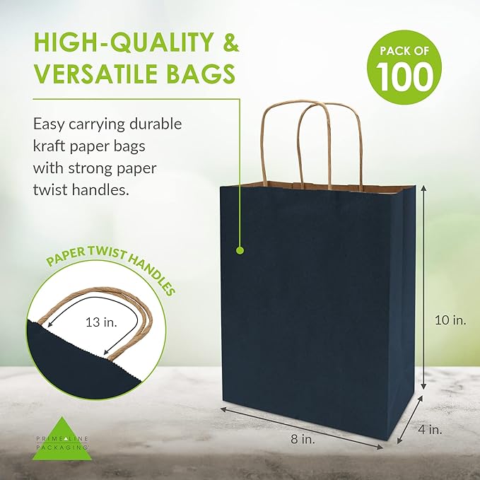 Prime Line Packaging Paper Gift Bags, Navy Blue Gift Bags Small with Handles, Shopping Bags for Business, Goodies, Party Favor, Welcome, Graduation, Bulk, 8x4x10, 100 Pack