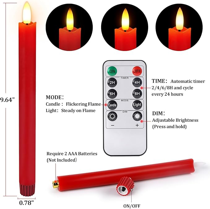 Flameless Candles with Remote: 8 Pack Battery Operated Window Candles 9.6" Real Wax LED Flickering Flameless Taper Candles 3D Wick Lights Halloween Christmas Wedding Birthday Party Decorations (Red)