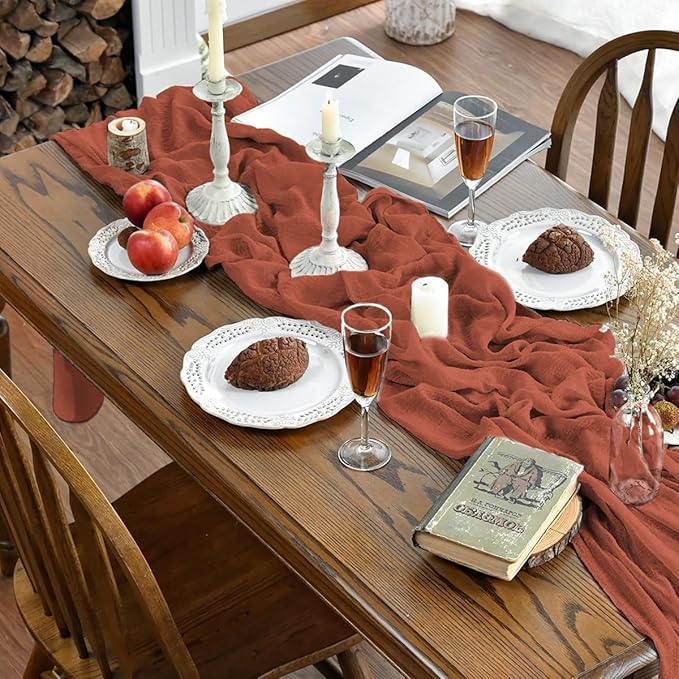 Artoid Mode Boho Terracotta Gauze 6 Pieces Wedding Table Runner, 120 Inch Birthday Fabric Kitchen Dining Holiday Table Decor for Home Party Indoor