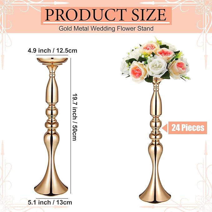 Rtteri 24 Pcs Wedding Flower Stand Bulk Wedding Centerpiece Table Decoration, Metal 20 Inch Tall Centerpieces Stand Vase Flower Arrangement Candle Holder for Reception Party Hotel Home Decor (Gold)