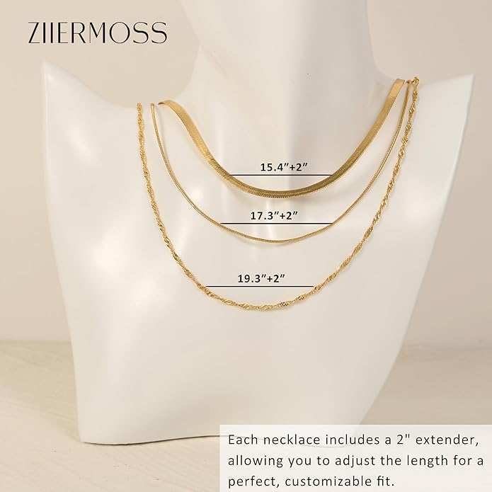 3PCS Gold Necklaces for Women,Chunky Statement Gold Plated Necklace Stack Layered Sterling Silver Herringbone Chains for Women Dainty Trendy Silver Chains Stacked Jewelry Gifts