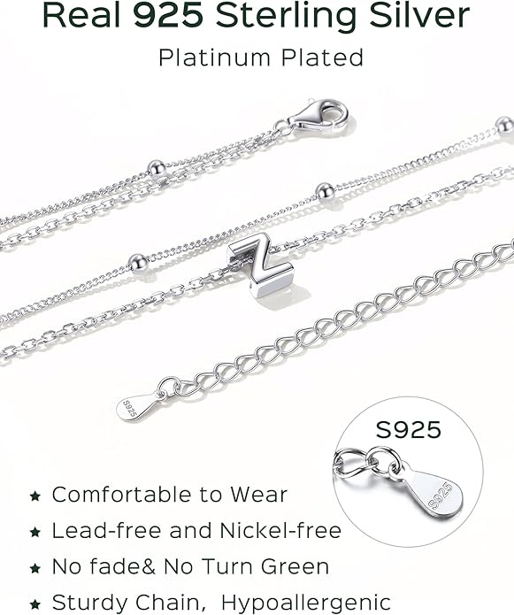 ChicSilver Layered Initial Necklace for Women, 925 Sterling Silver Personalized Letter A-Z Pendant Necklaces, Hypoallergenic Silver Choker with Adjustable 16" Rolo Chain, Dainty Birthday jewelry