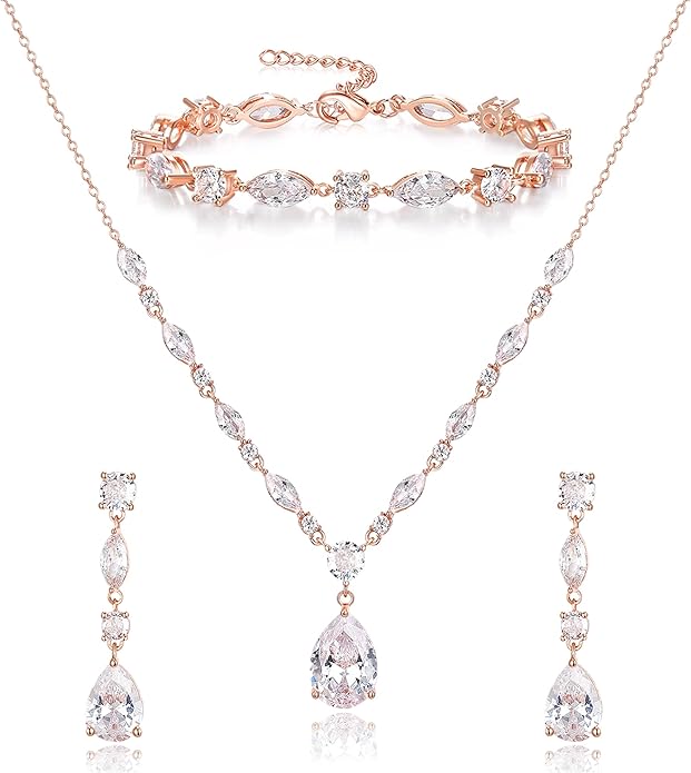 Crysdue Teardrop Bridal Jewelry Set for Wedding Party, Silver/14K/Rose Gold Plated Prom Costume Jewellery for Bride Bridesmaids Women, Cubic Zirconia Necklace Dangle Earrings Bracelet