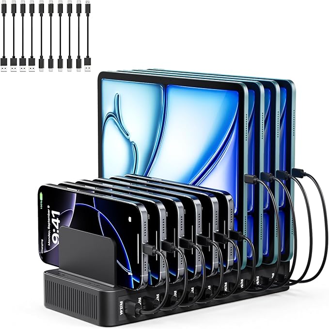USB C Charging Station for Multiple Devices, 10-Port 100W Charging Dock, with Adjustable Dividers, USB-C Power Hub, Compatible with iPhone/Samsung/Google/Tablets/USB Devices (with 10 Cables)
