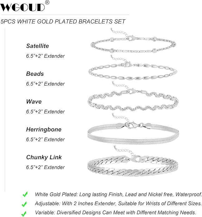 wgoud Dainty Gold Chain Bracelets, 14K Real Gold Plated Link Bracelets for Women, Trendy Stackable Bracelet Set, Waterproof Adjustable
