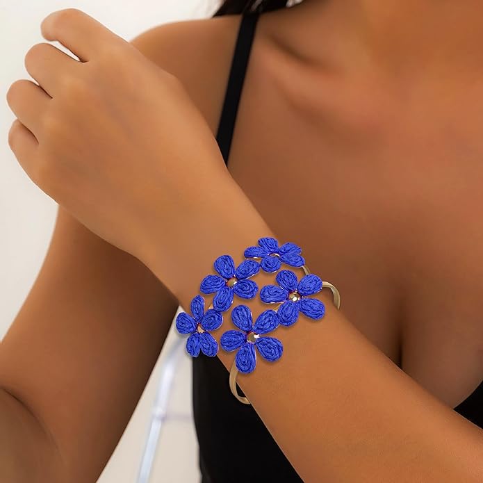 Raffia Flower Cuff Bangle Bracelet for Women, Adjustable Boho Floral Wide Open Bangle for Summer Beach, Handmade Trendy Rattan Jewelry