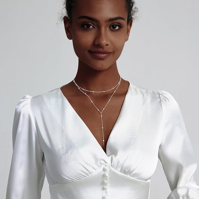 Gold Necklace for Women Trendy Lariat Y Necklace Dainty 14k Gold Plated/Silver Long Necklaces for Women Layered Beaded Drop Necklaces Simple Y-Shaped Chain Jewelry Gifts