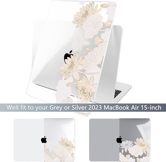 Batianda Premium Case for New MacBook Air 15 inch 2025 M4 2024 2023 with M3 M2 Chip Model A3241/A3114/A2941, Designed Protective Plastic Hardshell & Keyboard Cover & Screen Protector, Gold Lotus
