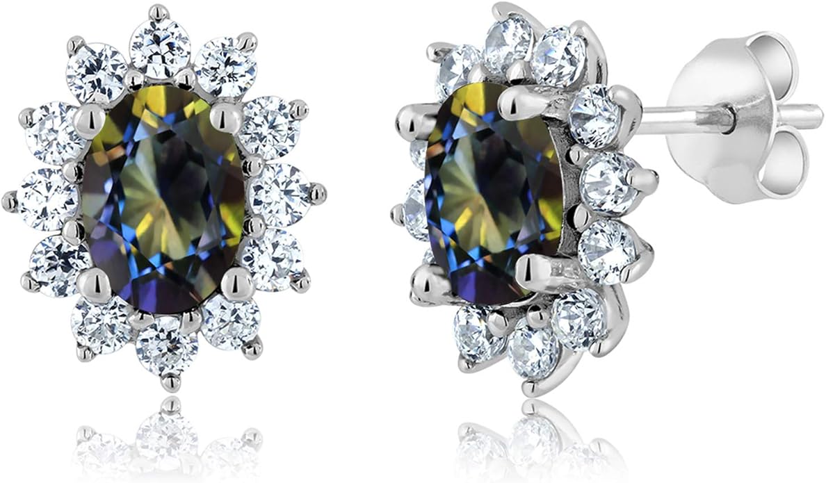 Gem Stone King 7X5MM Oval Gemstone Birthstone Stud Earrings For Women | Princess Diana Royal Halo Style | 925 Sterling Silver | Fine Jewelry Gifts for Anniversary Wedding Her Mom Women Wife