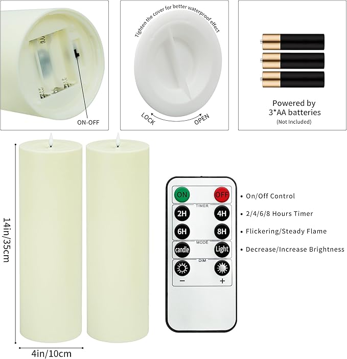 14" x 4" Large Outdoor Candles with Timer Waterproof Flickering LED Flameless Candles Battery Operated with Remote Fake Pillar Candles Realistic for Patio Porch Lanterns, Ivory 2 Pack