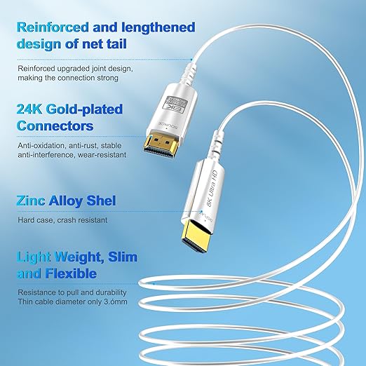 8K Fiber Optic HDMI Cable 100 FT, 8K@60Hz 4K@240Hz, Thin Extra Long HDMI Cable 48Gbps Ultra High Speed, Dynamic HDR, eARC, HDCP 2.2&2.3, 3D, Compatible for PS4/5/Xbox/TV/Laptop/Monitor