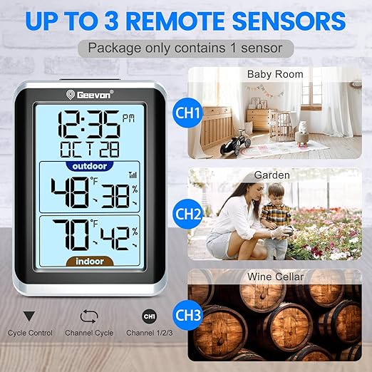 GEEVON Indoor Outdoor Thermometer Wireless Digital Hygrometer Temperature and Humidity Gauge with Time, 200ft/60m Range Temperature Humidity Sensor (Black)