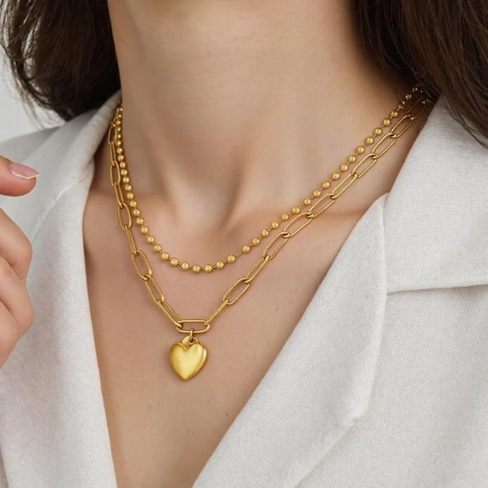 Heart Necklace for Women, 18K Gold Plated Heart Pendant Layered Necklaces Jewelry Gifts Gold Silver