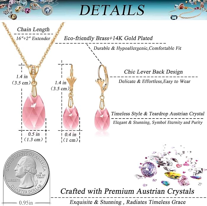 EVEVIC Austrian Crystals Teardrop Pendant Necklace Earrings for Women 14K Gold Plated Hypoallergenic Leverback Drop Dangle Earrings Jewelry Set