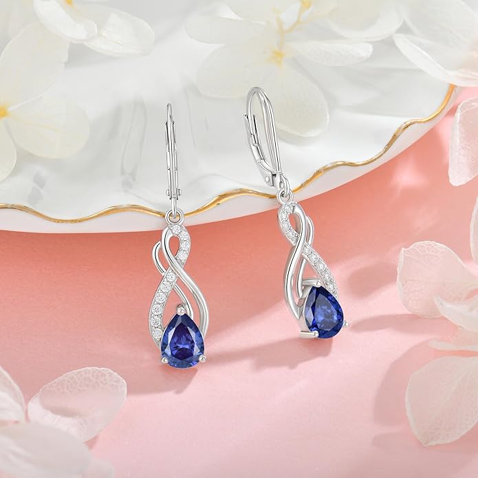 Infinity Love Birthstone Earrings for Women 925 Strling Silver 5A Cubic Zirconia Dangle Drop Leveback Earrings Jewelry Birthday Christmas Day Gifts for Her