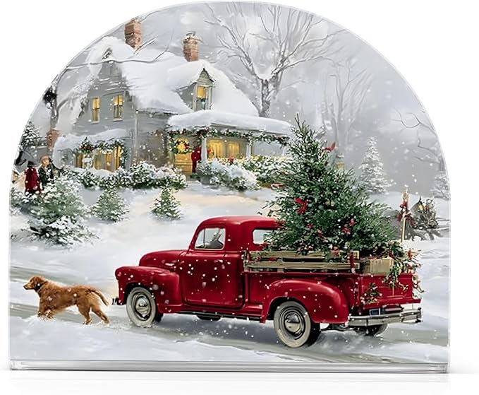 Christmas Napkin Holder for Paper Napkins Kitchen Tables Party Xmas Red Truck Dog Acrylic Vertical Napkin Holders Freestanding Napkins Dispenser