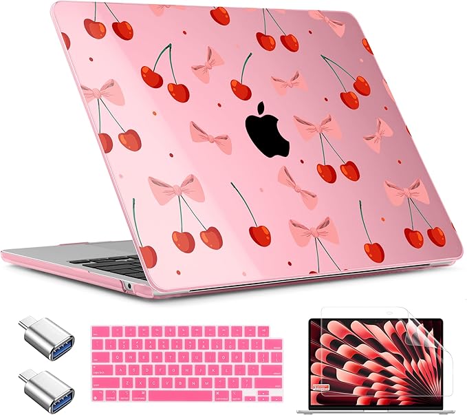 TWOLSKOO Compatible with M4 MacBook Air 15 inch Case 2025-2023 Released Model M4 A3241 M3 A3114 M2 A2941, Plastic Hard Shell & Screen Protector & Keyboard Cover & Type C Adapter, Cute Cherry