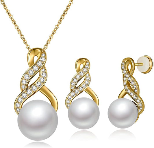 Gifts for Women-Pearl Necklace and Earring Set -925 Sterling Silver Jewelry Set- Birthday Valentines Day Anniversary or Christmas Gifts for Wife