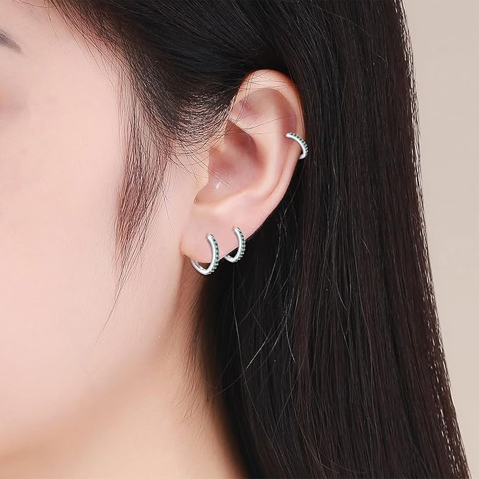 925 Sterling Silver Small Hoop Earrings Cubic Zirconia Huggie Hoop Earrings, 3 Pairs 14K White Gold Plated Cartilage Piercing Earrings Ear Cuff Tiny Hoop Earrings for Women Men