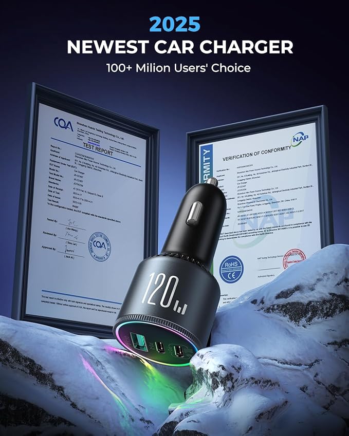 JOYROOM 120W Super Fast Car Charger USB C, 3-Port PD100W+PD35W Car Charger for iPhone 16 with USBC Cable, Type C Fast Charging Adapter for iPhone 16e/15 Pro Max, Samsung Galaxy S25 S24, iPad, Laptop
