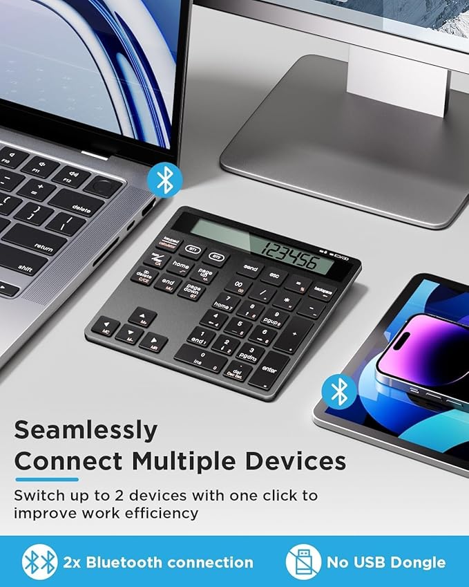Bluetooth Number Pad, Wireless Numeric Keypad Calculator with Display, USB-C Rechargeable External 34-Keys Numpad, Financial Data Entry Keyboard for iMac, MacBook Air/Pro, PC Desktop, Laptop Notebook