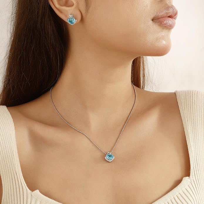 Love Heart Necklaces and Earrings with Rose Cut Birthstone Silver Plated Elegant Jewelry Set for Women CS0002