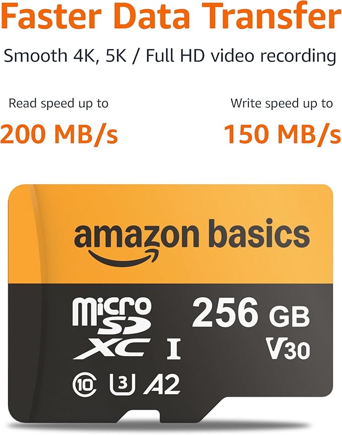 Amazon Basics 256GB microSDXC Card with Adapter, Read Speed Up to 200MB/s, 1-Pack