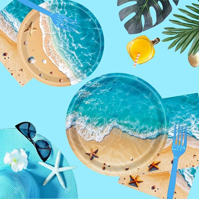 Beach Party Decorations, Ocean Themed Party Decorations Include Plates Napkins, Cake Topper, Cups Banner Tablecloth for Hawaiian Pool Summer Birthday Party Supplies, Serve 20