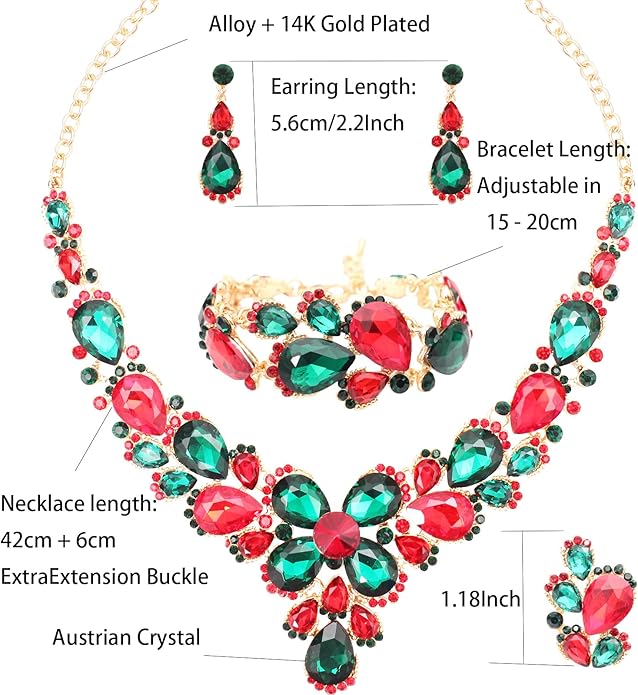Women's Wedding Bridal Austrian Crystal Glass Teardrop Statement Necklace Dangle Earrings Bracelet Ring Wedding Party Jewelry Set for Bridal Bridesmaid