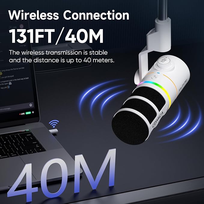 EJoy D10 PRO(A) USB Wireless Gaming Microphone – Boom Arm Mic with Wired/Wireless Modes, XLR/USB-C, Real-Time Monitoring, 45H Battery, RGB Dynamic Mic for Gaming, Streaming, Podcast, Recording (White)