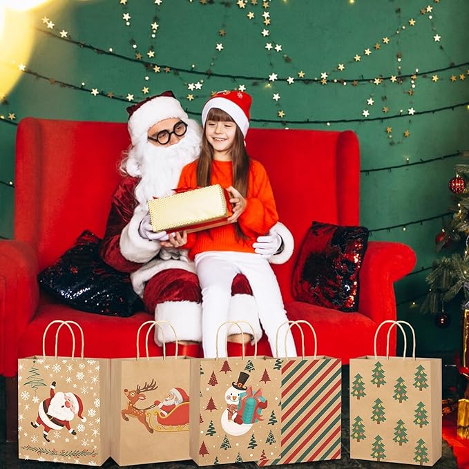 XPCARE 28 Pack Christmas Kraft Gift Bags with Handles, 9x7.5x3.5, Perfect for Holidays, Parties and Presents