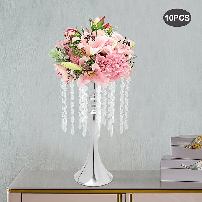 10 Pcs Crystal Flower Wedding Centerpieces Stand,Elegant Metal Flower Vase Candelabra Candle Holder,Flower Vase Stand Pillar Candle Holder for Party Wedding Reception