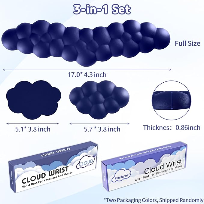 Cloud Wrist Rest for Keyboard and Mouse, Memory Foam PU Leather Keyboard Wrist Rest with Ergonomic Support, Non-Slip Base, Cute Arm Rest Pad & Palm Cushion, Office Desk Accessory, Dark Blue