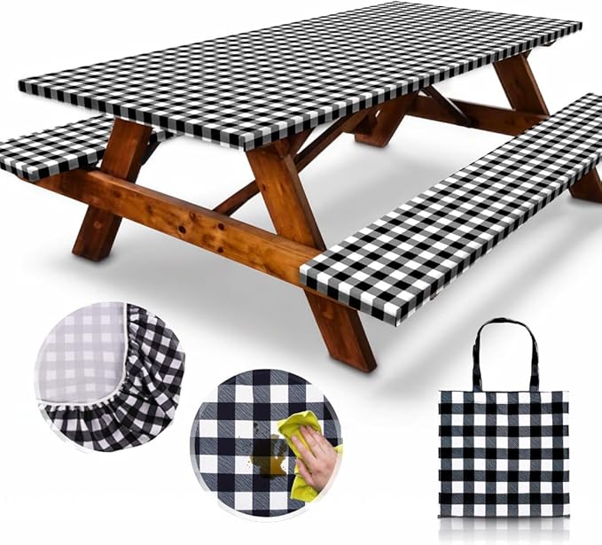 RNOONY 6ft Polyester Picnic Table Cover with Bench Covers Windproof & Waterproof Tablecloth, Perfect for Camping Gifts & RV Essentials, Cool Camping Gadgets with Carrying Bag, 72x30 Inches,4Pcs,Black