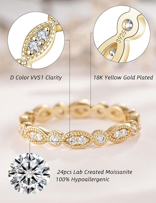 IMOLOVE Moissanite Wedding Band Wedding Rings for Women Evil Eye Shaped 925 Sterling Silver Rings with 18K Gold Plated Eternity Stackable Engagement Ring Anniversary Band Size 3-11.5