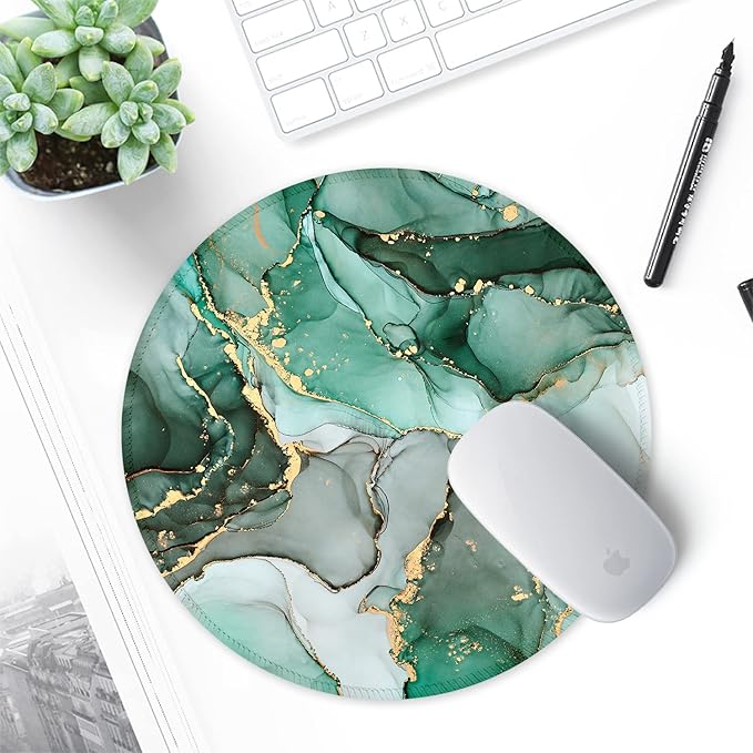 ITNRSIIET Round Mouse Pad with Stitched Edge Premium-Textured Waterproof Non-Slip Rubber Base Desktop Protection Mat Diameter 8.7 inches, Green Marble Texture